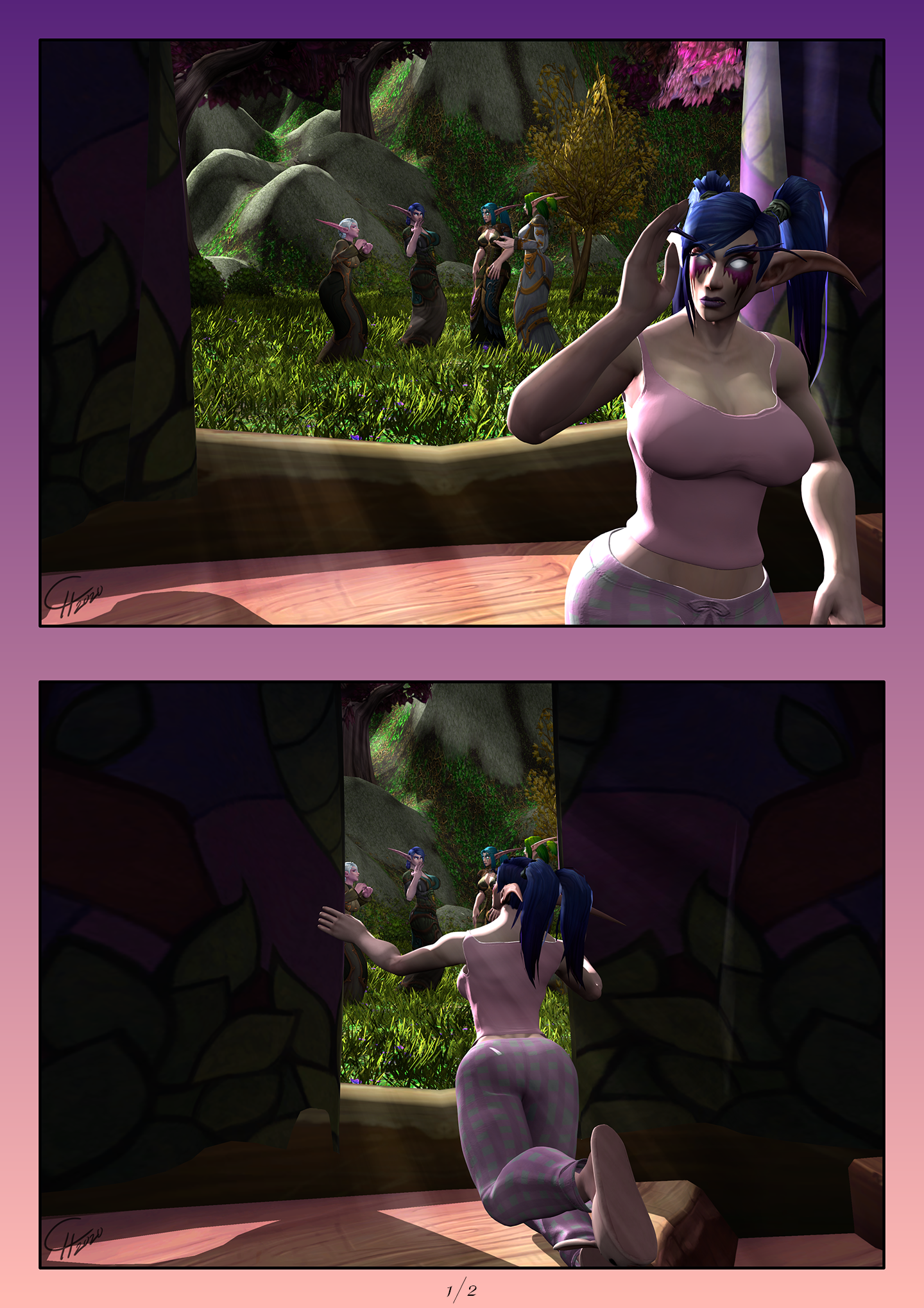 Closing the Curtains P1/2 [Nelf/Comic/SFW]
2020 Free Commission #7 page 1/2
Recent years the Kaldorei have slowly moved more
into being diurnal race, than being nocturnal.
Some are still more home in the dark,
especially during the more brighter seasons.
[b][url=http://bakaras.com/murlocish/albums/userpics/10001/12/2020SpringComm07Page01XL.png]==XL-Size Edit==[/url][/b]
Keywords: nelf;OC;commission;comic;SFW
