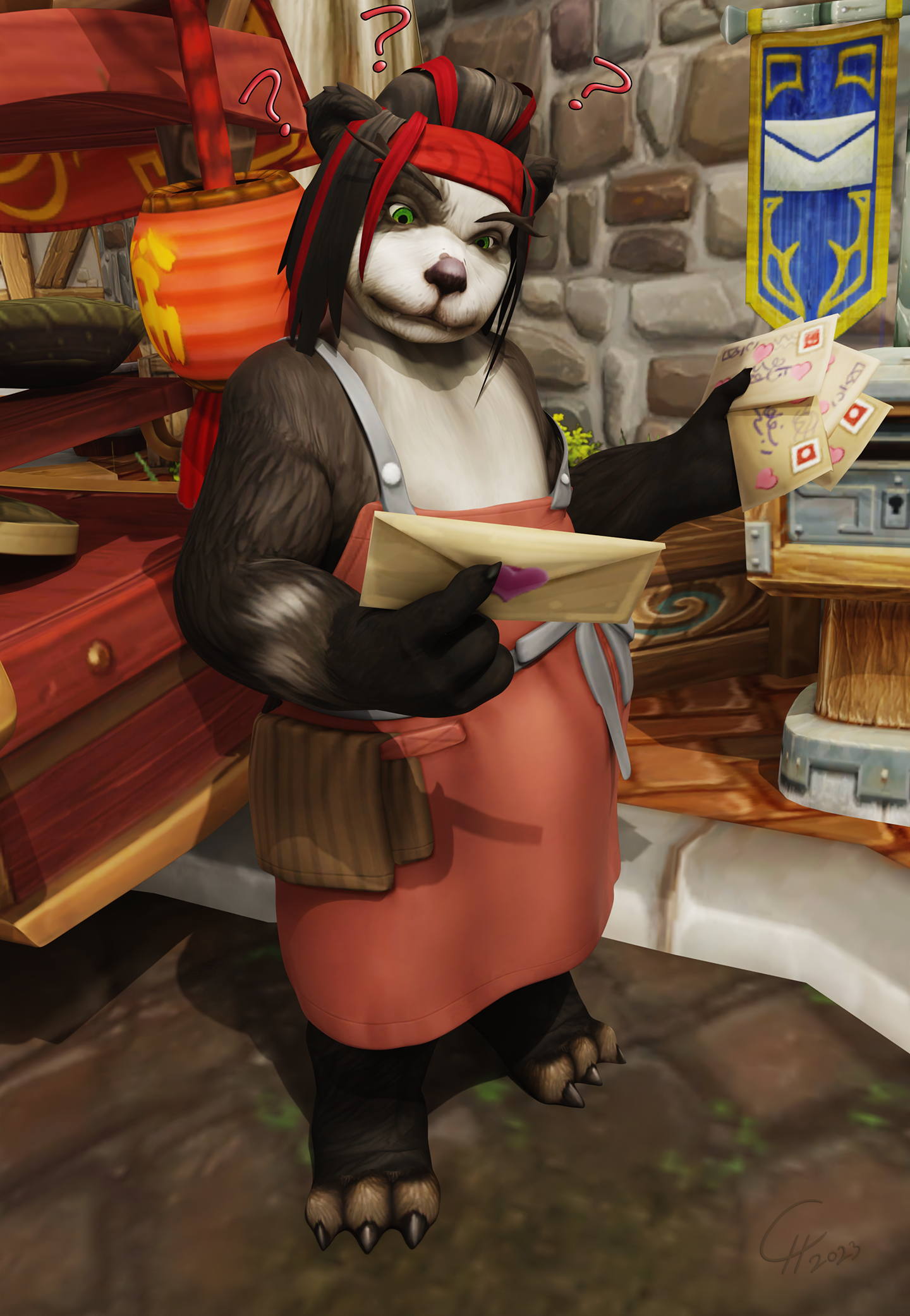 Pandarian Women's Day #5 [Pandaren/SFW]
While visiting Stormwind City to sell his
tasty noodles, Chunho recieves a handful
of letters directed to him and wishing a
wonderful Women's Day. This deeply confuses
the lad and makes him wonder if the locals
can tell the difference between female and
male Pandaren at all. Outrageous!

[b][url=http://bakaras.com/murlocish/albums/userpics/10001/18/2023ChunhoPandarianWDayXL.png]==XL-Size Edit==[/url][/b]
Keywords: OC;Pandaren;SFW;girly