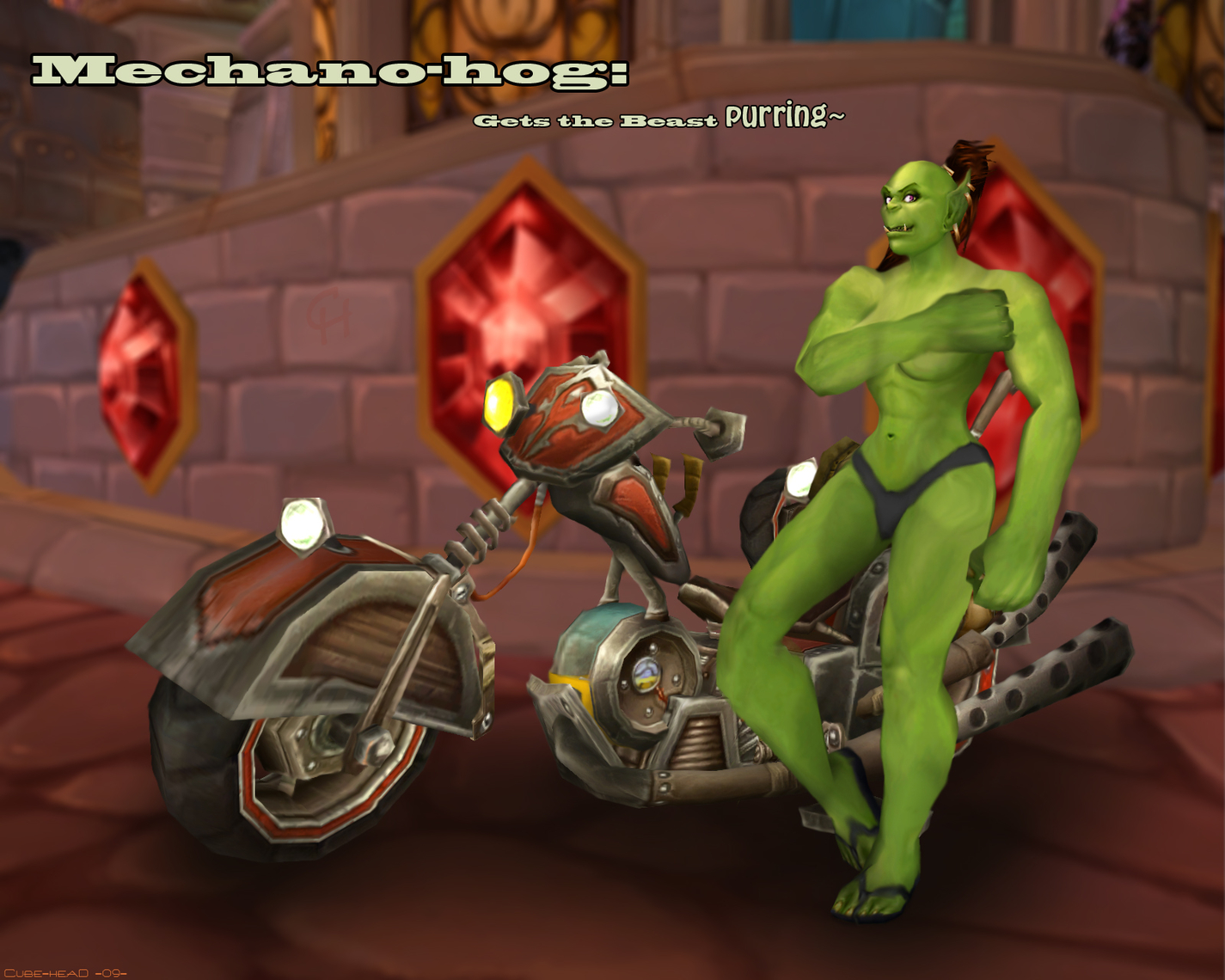 Mechona-hog Advert [Orc/Pinup/SFW]
Yes sir! They have arrived to the shops now!
We guarantee that this machine will make those hard skinned beasts
to purr at your feet just to get close to you while you ride on our Mechano-hog!
Keywords: Orc;Pinup;SFW