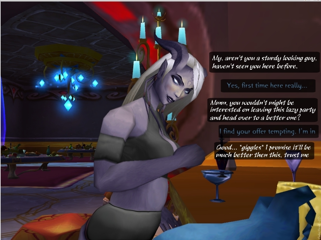 Selanaars Night Out in the Bar 1/3 [Draenei/POV]
Around this time in 2007, I started to "experiment" and do "proper" pictures than hastly made.
Keywords: Draenei;OC;pre2010;POV