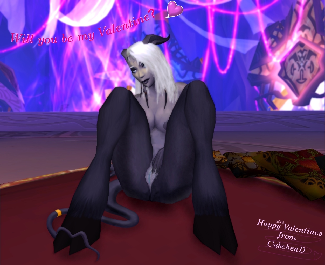 Happy Valentines 2008 [Draenei/Pinup]
2008 was not as good as 2009, although I was learning.
Keywords: Draenei;OC;pre2010;pinup