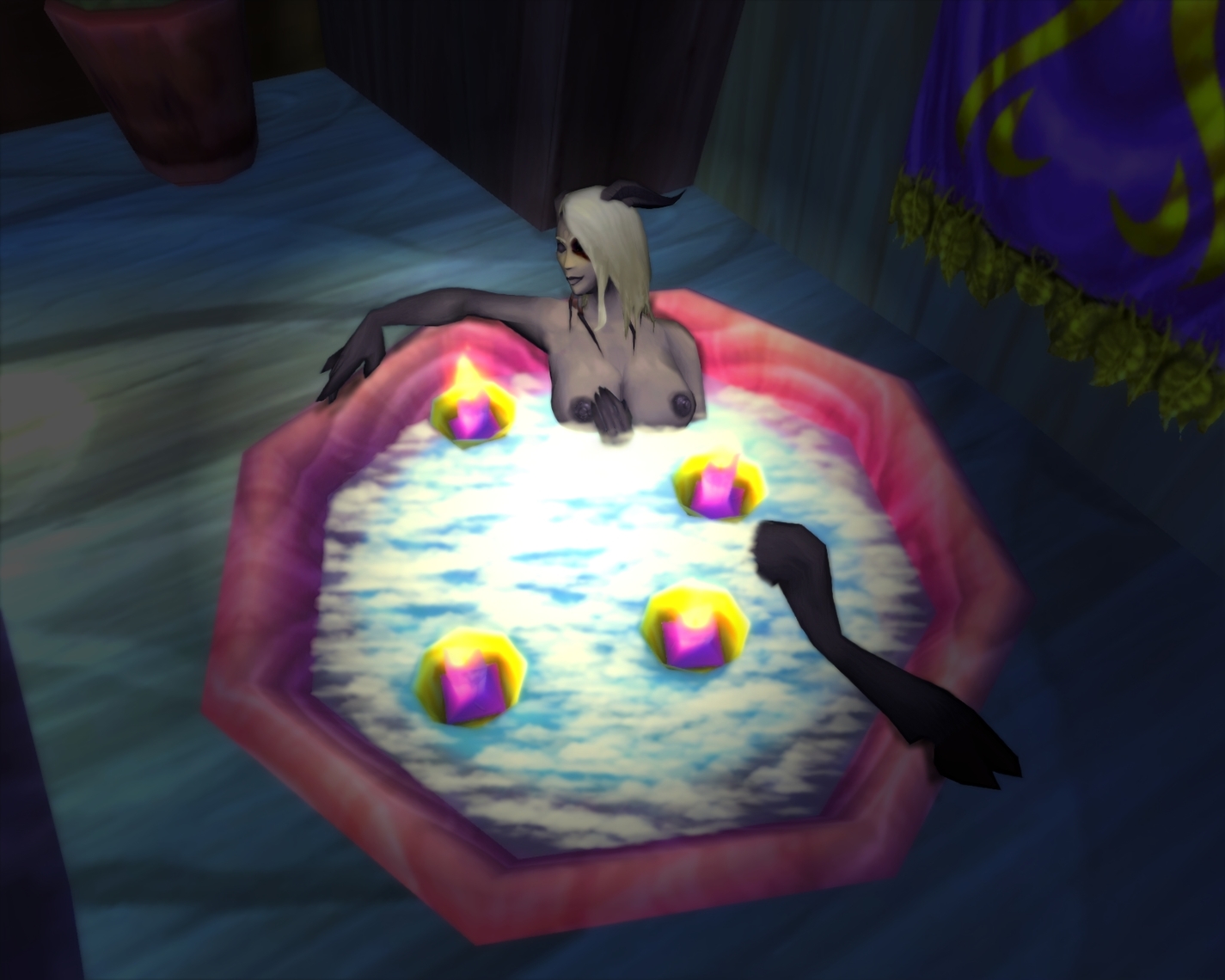 Self Time [Draenei/Pinup]
After a long 'n hard day at work and after putting her child into bed,
Sel often tries to take an relaxing foam herb bath with scent-candles and
only the silence as her music to help her recover her strength back.
2008.
Keywords: Draenei;OC;pre2010;pinup