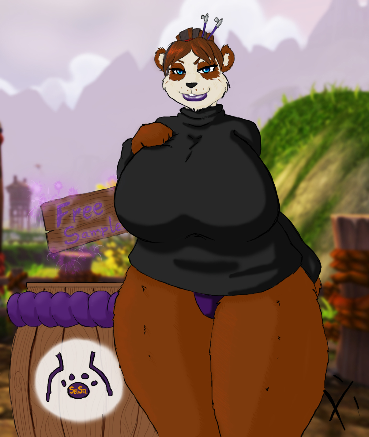 Selsel's Plum Brews [Pandaren/SFW/BBW] 
Selsel giving out free samples of her Plum-brew.
Commission by Ethernal. 2013.
[url=http://www.hentai-foundry.com/user/Eternal/profile][Link to his HF page][/url]
Keywords: Pandaren;SFW;OC;BBW;Drawn