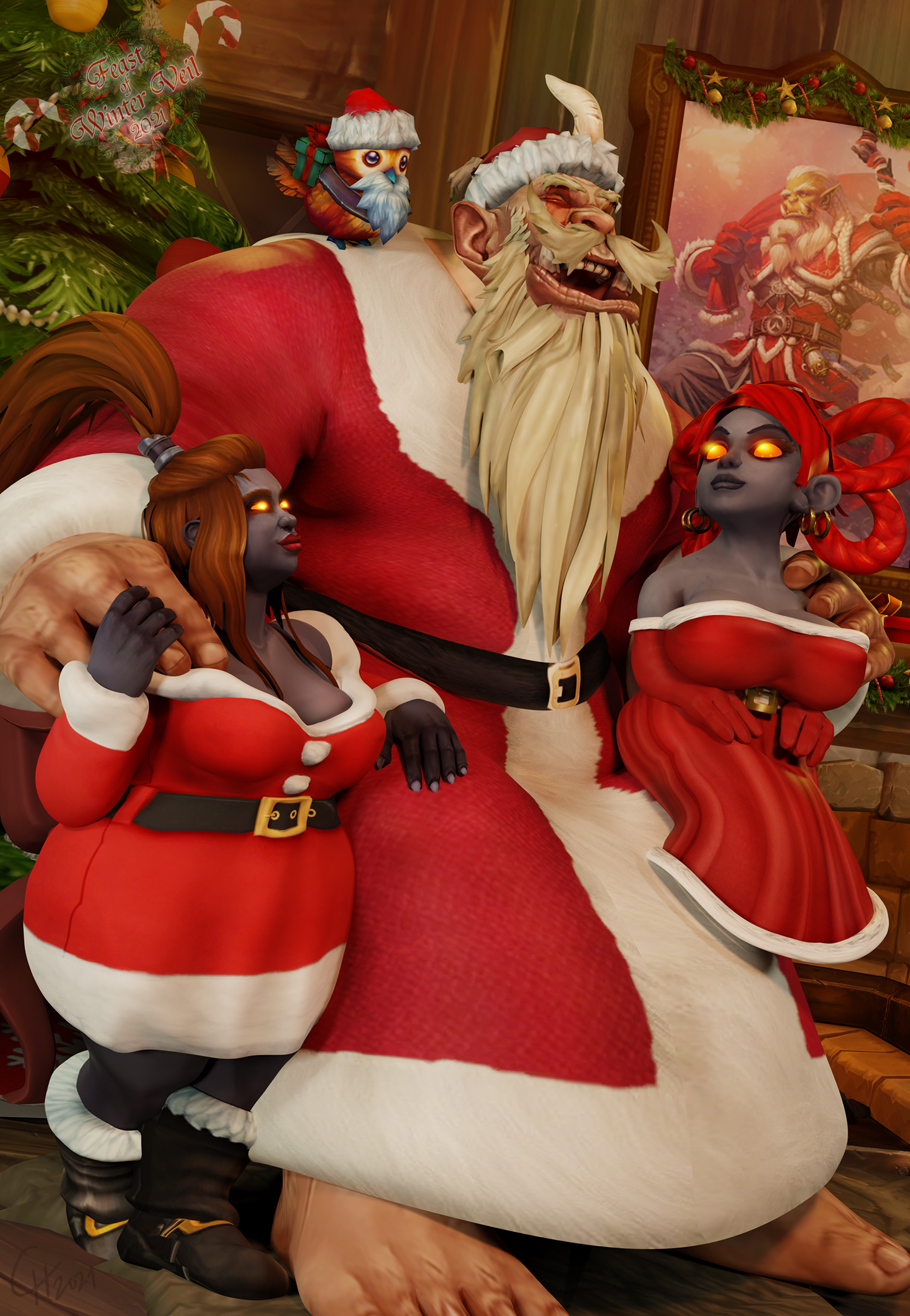 Winter Veil 2021: Greeting Strong-Dad Frost
Strong-Dad Frost, the jolly Winter Veil figure
of Draenor, is currently visiting the good boys and
girls of Azeroth. While having a 'Meet-and-Greet'
at a tavern, two Dark Iron girls finally have their
festive date with the jolly giant of the merrymaking.
[b][url=http://bakaras.com/murlocish/albums/userpics/10001/8/WinterVeil2021-01XL.png]==XL-Size Edit==[/url]
Keywords: OC;dwarf;dark iron dwarf;dark iron gnome;ogre;SFW