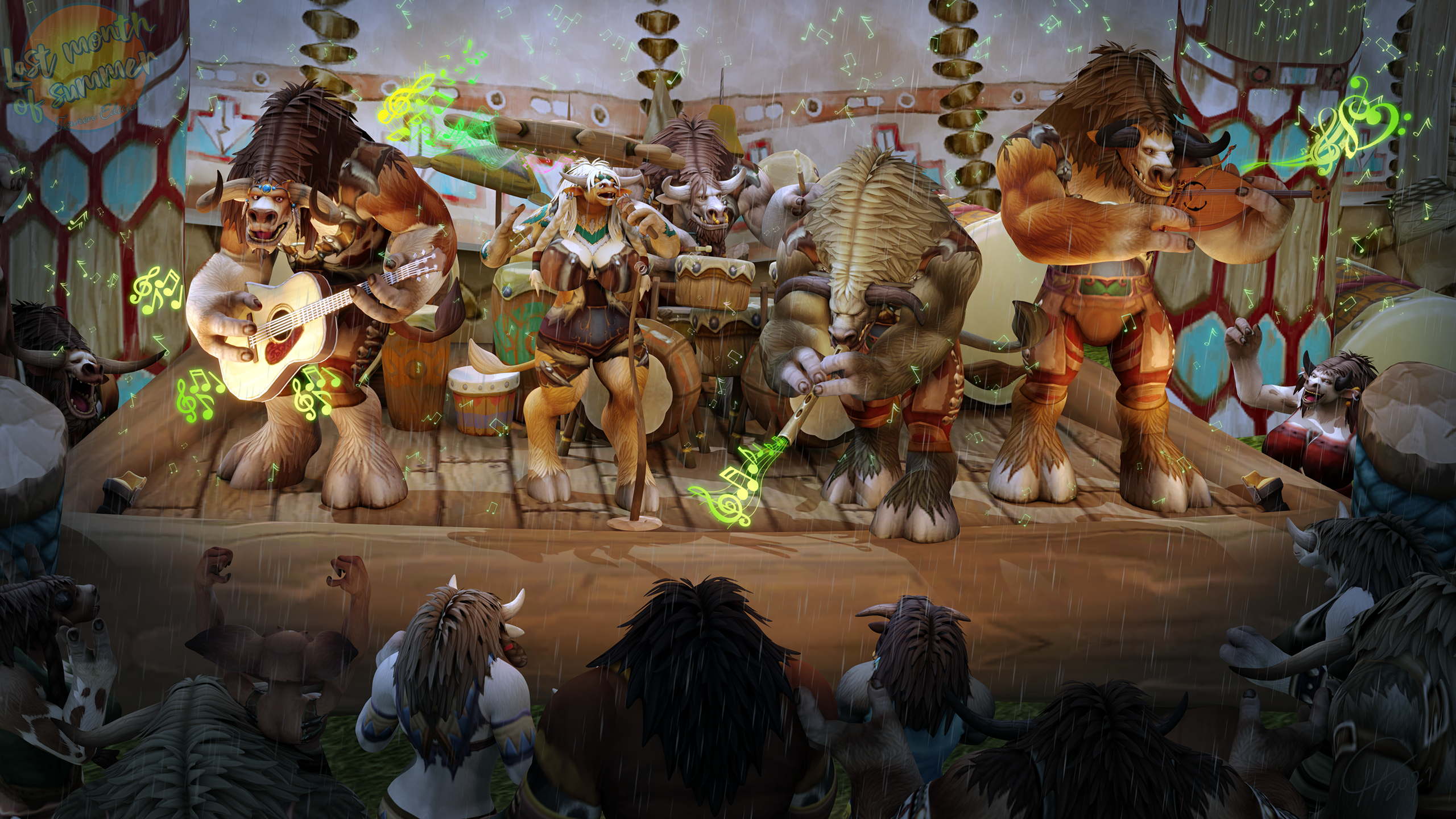 End of the Season Festival [Tauren/SFW]
Last Month of Summer 2021 #4
August can get quite chilly, as summer slowly
turns into autumn. Yet that doesn't stop the
Taurens to have a jolly blowout with music and
performances. It might be raining, yet the band
keeps the spirit high and festive going.
[b][url=http://bakaras.com/murlocish/albums/userpics/10001/18/SummerJamTauren04XL.png]==XL-Size Edit==[/url][/b]
Keywords: Tauren;SFW